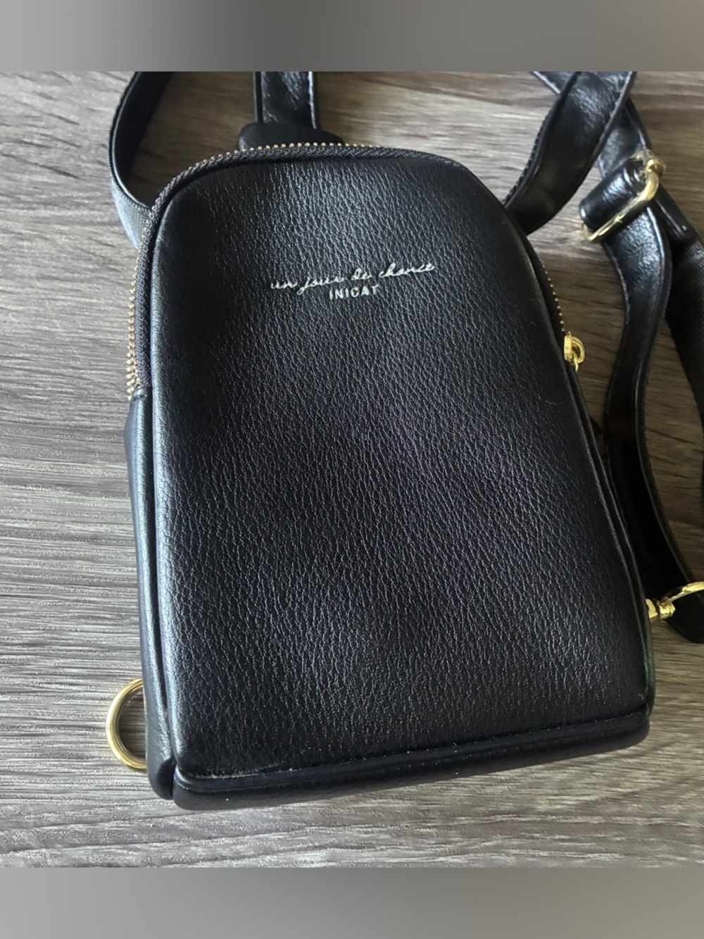 INICAT Black Small Crossbody Sling Bag Vegan Leather- 2 gold Zippered Pockets